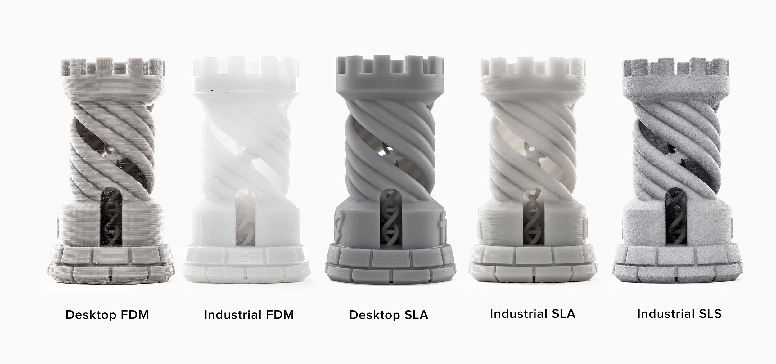 Tours imprimées à une hauteur de couche de100 microns sur une machine FDM de bureau et industrielle, une imprimante SLA de bureau (Form 2), et des imprimantes 3D industrielles SLA et SLS.